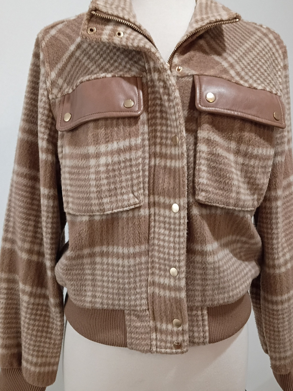 bagatelle Brown Plaid Bomber Jacket with Leather-Trim Pockets